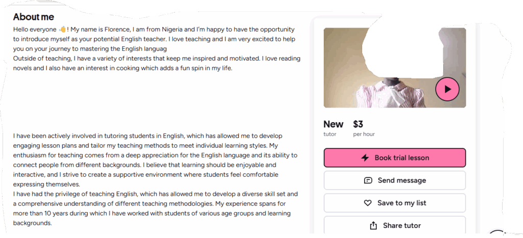 How a messy Preply profile description looks like